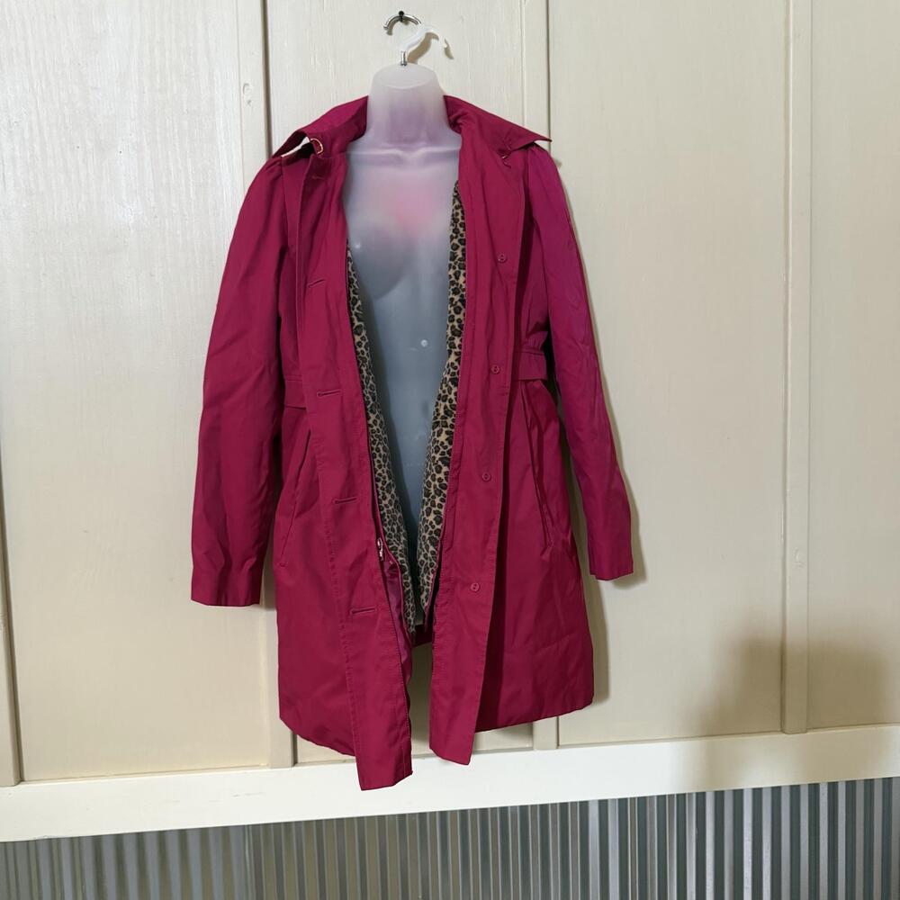 Betsey Johnson Rain Coat Womens Medium Pink Hooded Leopard Faux Fur Lined Flower
